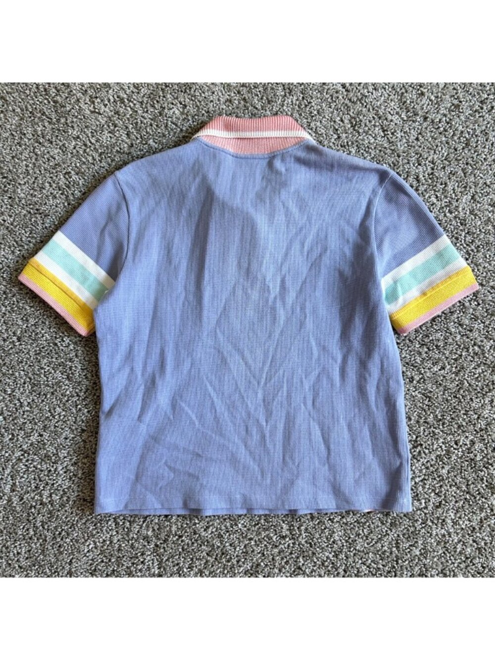 Lacoste Lavender Knit Polo with Pink Collar and Yellow Stripe - Picture 3 of 11